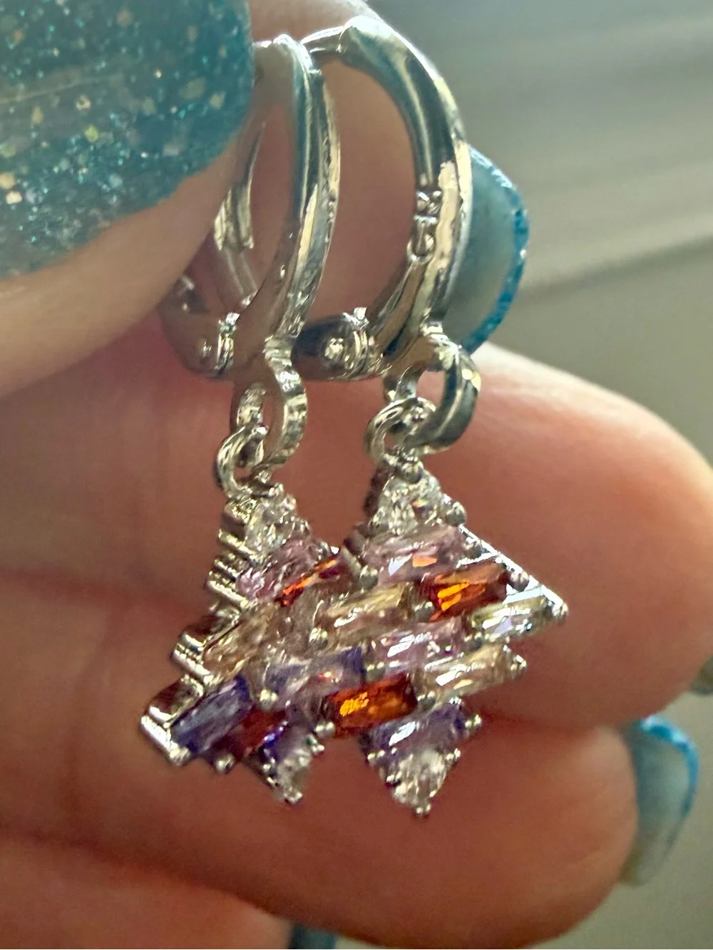NEW! 14k White Gold Plated with Multicolored Crystal Drop Hoop Earrings